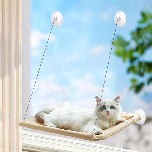 PETCUTE Cat Window Hammock Bed,Durable Reinforced Cat Hammock Suitable for Cats up to 15kg,Washable Cats Window Perch with 4 Strong Suction Cup,Breathable Oxford fabric,for Smooth Surfaces