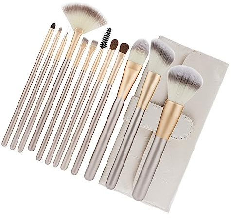 BESTYASH 12pcs Wood Handle Nylon Makeup Brush Set with Eyebrow and Eyeshadow Brushes Rice White with Portable Carry Bag for Professional Makeup and Travel Use