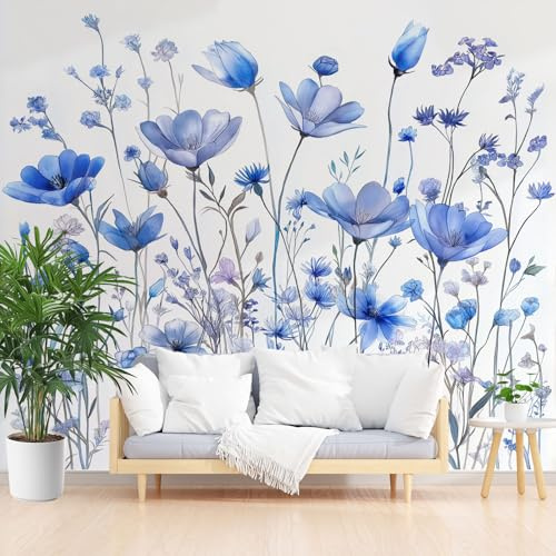 Gaqinhh Fleurs Vintage Papier Peint Panoramique, Prairie Fleurie Bleue Papier Peint Intissé, Motif Floral Aquarelle Tapisserie Murale Cuisine Salle de Bain, Décoration Murale Chambre, 150 x 105 cm
