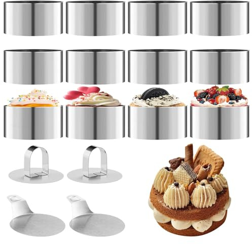 16 anelli da dessert e anelli da pranzo in acciaio inox, con coperchio e base, diametro 8 cm, anello rotondo per mouse, adatto per la produzione di biscotti, ciambelle, dolci, palline di riso e torte