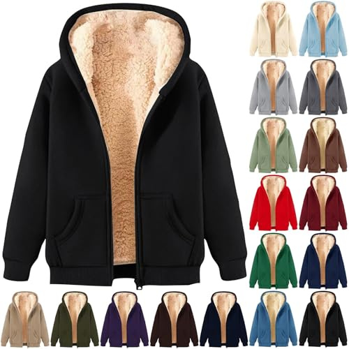 Long Hoodies for Women UK, Winter Jackets for Women UK, Ladies Hoodies with Zip, Warm Sherpa Fleece Lined Coat with Pockets, Womens Winter Coats