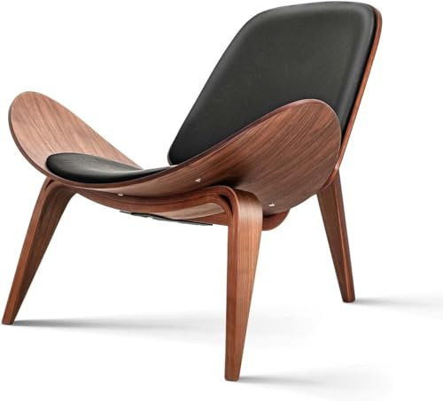 Modern Shell Smile Lounge Chair – Walnut Wood & Black Leather | Mid-Century Style