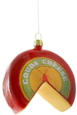 The Bridge Collection Glass Gouda Cheese Wheel Ornament - 3.25 Red Aged Wheel of Cheese with Rind Christmas Ornament - Food Themed Holiday Decor