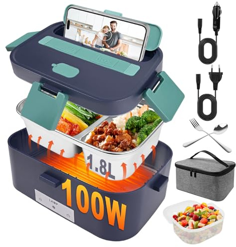 Czoele 100W Fiambrera Electrica 1.8L 3 en 1 Tartera Eléctrica Cuenco Eléctrico Portatil 12V/24V/220V Calentador de Comida para Coche Camión y Trabajo Fiambrera Termica Termo Comida Caliente (AZUL)