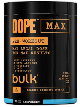 Bulk Dope Max Pre-Workout Powder, Blue Raspberry, 563 g, 200mg | 25 Servings, High Caffeine, 5g Beta Alanine, 3g Creatine, AAKG & Citrulline Blend, Vitamin B6, Supports Focus, Power
