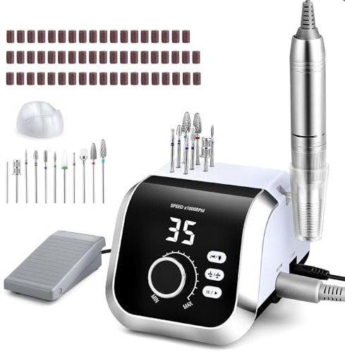 Nagelfräser für Gelnägel 45000 U/MIn, Professionell Fräser Nägel Elektrische Nagelfeile mit Fußpedal 45 Getriebestufen LCD Anzeige F/R Drehrichtung Pause Funktion für Gelnägel und Acrylnägel