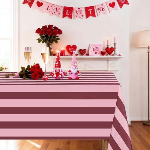 Rot Rosa Gestreifte Tischdecke 140x300cm Rechteckige Tischdecke für Party | Gestreift Tischdecke Rechteckige Polyester Tischdecke für Karneval, Weihnachten, Geburtstag, Hochzeiten, Picknick Dekoration