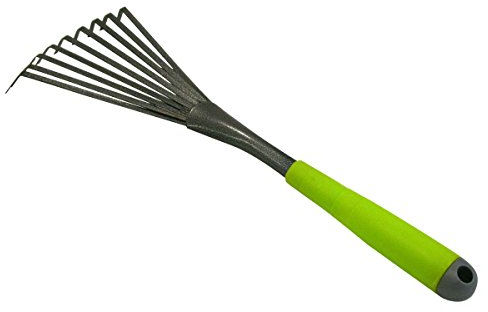 Xclou Kleinbesen in Schwarz, pulverbeschichteter Rechen mit Silber-Hammerschlag, Kleinrechen mit formgerechter Handgriff, Gartenwerkzeug mit 9 flachen Federstahlzinken, rostfreie Laubharke