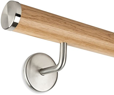 Handlauf Set Holz Eiche 45mm inkl. Edelstahlkappen und 2 Haltern (195 cm)