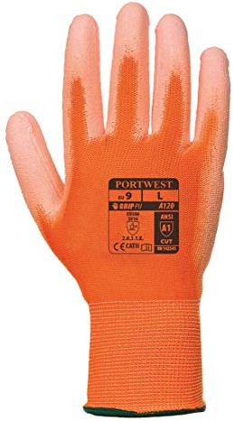 Portwest A120 Grip 13 PU Palm Work Gloves Mens Dexterity Level 5 Abrasion Resistant General Handling Safety Gloves Silicone Free CE Marked EN 388 ANSI A1 Warehouse Mechanic, Orange, L