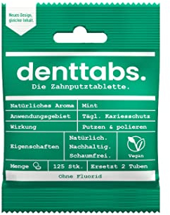 DENTTABS Stevia - Menta Pastiglie per la pulizia del dente fluoro libero, 1er Pacco (1 x 125 Pezzo)