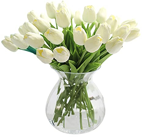 JUSTOYOU 20pcs Real Touch Latex Artificial Tulips Flowers Fake Tulips Flowers Wedding Bouquets for Wedding Home Garden Decoration(White)