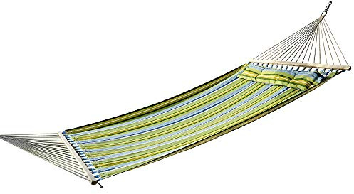 Outsunny Hamaca Colgante de Jardín para 2 Personas Hamaca Ecológico para Camping con Almohada Carga de 180 kg Rayas Azules y Verdes 3,4x1,4m