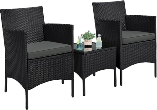 Yaheetech Set Mobili da Giardino 2 Poltrone e 1 Tavolino in Rattan PE Impermeabile per Esterno con Cuscini Nero/Grigio