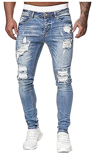Ni_ka Dechire Pantalon en Denim Homme Coupe Slim Trou Frotté DéContracté Jeans Chino à La Mode Zipper Jean Skinny Bleu Clair M