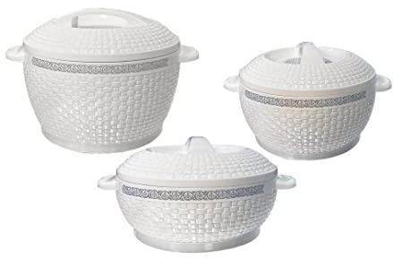 Rishabh Insulated Hot pot Casserole Hot & Cool Food Serving Dish with Lid, Double Wall. Stainless Steel Inside Set of 3 (Size 1500,2000, & 2500ml) (White)