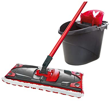 JUANIO Set de Seau-essoreur et Balai à Plat en Microfibre Coloris Noir/Rouge