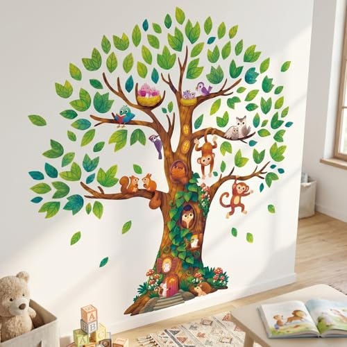 DECOWALL DL4-2303 Extra groß Riesenbaum Kinder Wandtattoo (142x158 cm) Kinderzimmer Deko Wald Mädchenzimmer Baby Jungen Pflanze Wald Zuhause Natur grün Mitbewohner Blatt Tiere Affe bunt