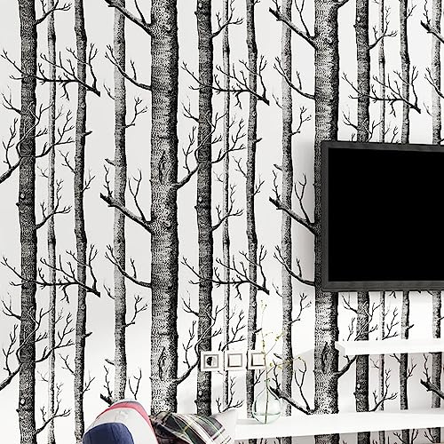 CCFENG - Papier peint intissé 10m x 0,53m Motif branches abstraites noir et blanc Troncs de bouleau et branches Convient pour murs TV, salle à manger et salon