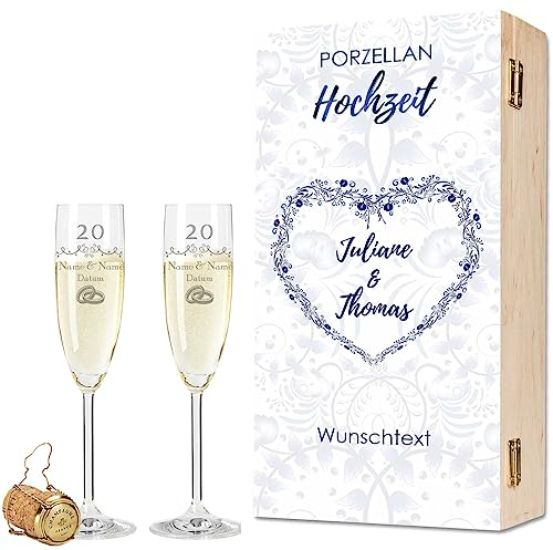 Leonardo - Bicchieri da spumante con incisione, in porcellana, 20 anni, personalizzabili con nome e data, con scatola di legno, regalo per matrimonio, fidanzamento, anniversario, colore: spumante