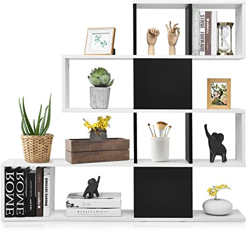 GIANTEX Bücherregal mit 4 Ebenen, Raumteiler Standregal 10 Fächern, Regal für Bücher, Deko, Fotos & Pflanzen, 120 x 19,5 x 109 cm Aufbewahrungregal Wohnzimmer (Weiß + Schwarz)