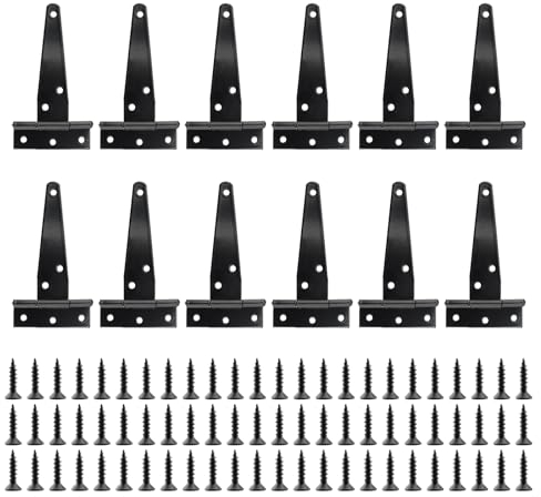 YIXNSW 12 Stück T-Scharnier Schwarz 10x6,3cm mit 72 Stück Schwarzen Schrauben für Tore, Schuppentüren, Fenster, Schrank, Scheunentore
