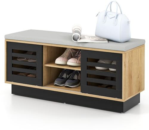 RELAX4LIFE Sitzbank mit Stauraum, Schuhbank mit 6 Ablagefächern & 3 verstellbaren Ablage & 2 Schiebetüren, Sitztruhe mit Gepolsterte Sitzfläche, Truhe für Flur Schlafzimmer Wohnzimmer (Natur)