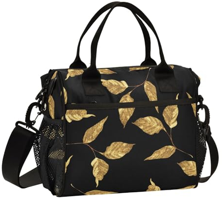 Mnsruu Lonchera aislada con hojas doradas, lonchera negra para mujer, bolsa de almuerzo grande, bolsa térmica reutilizable con correa para el hombro, trabajo, escuela, picnic
