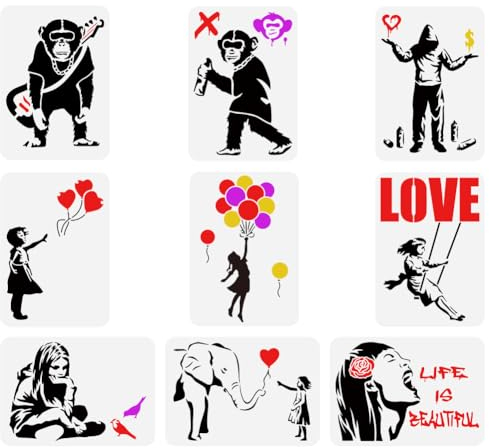 FINGERINSPIRE 9 Stück Banksy Malschablone 21x29.7 cm Wiederverwendbare Banksy Mädchen Junge Schimpansen Zeichenvorlage Life Is Beautiful Schablone Zum Malen Auf Holzwänden Stoffmöbeln