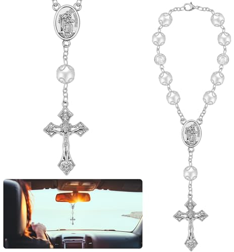 Otuuz 1 Stück Auto Rosenkranz für Rückspiegel mit Christophorus und Kruzifix in Silber mit Verschluss Autofahrer Geschenk Gebetskette für Auto Innenspiegel Sonnenblende Talisman Glücksbringer im PKW