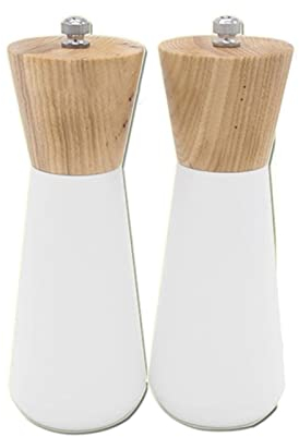 Molinillo de sal y pimienta Molinillo de sal blanco elegante Juego de molinillo de sal y pimienta de madera Molinillo de pimienta Salero Pimentero Recargable de cerámica Se adapta a la cocina del hoga