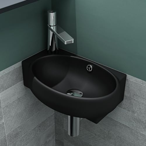 Mai & Mai Waschbecken Gäste WC 42x28x15cm in Matt Schwarz | Aufsatzwaschbecken Hängewaschbecken aus Keramik mit NANO Armaturenloch Links, Brüssel001R