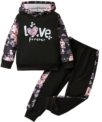L SERVER Survêtement Fille Imprimés Ensembles Enfant Jogging à Capuche 2 Pièces Vêtements de Sport pour Printemps et Automne