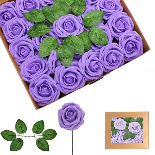 25Pcs Purple Artificial Roses, Real Touch Foam Roses with Stems, 4 Leaves, Artificial Flowers for Wedding, Bridal Bouquets, Cake, Grave Stone, Table Centerpieces, Baby Shower, Funeral Decoration
