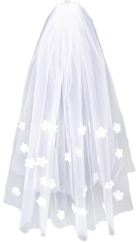 Whakano Elegent Brautschleier Lang 80cm,Weißer Schleier mit Kamm,Tüll Schleier für Bräute,Blumen Schleier Haarschmuck für JGA Junggesellinnenabschied Hochzeit Hen Party Brautparty Fotografie