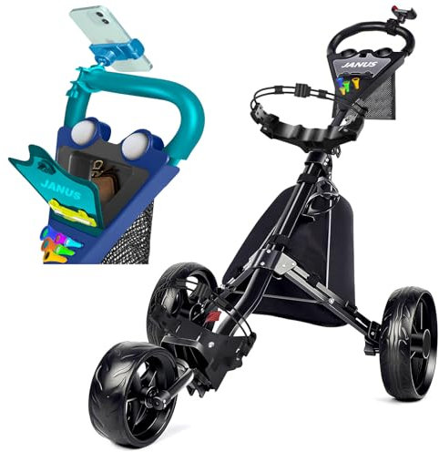 JANUS Golfwagen, Golftaschen-Wagen, faltbarer Golfwagen, Golf-Pullwagen, 3-Rad-Golfwagen, mit Schwanenhals oder Handyhalter