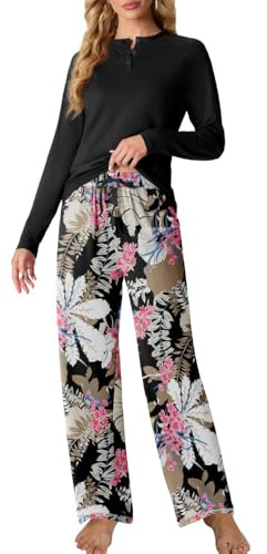 PrinStory Schlafanzug Damen Lang Pyjama Damen Langarm Schlafanzugoberteile Und Gedruckt Pyjamahose Mit Taschen Nachtw?sche Loungewear (Gro?es Blatt Rosa, XL)
