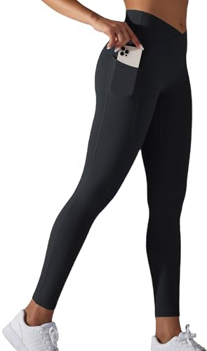 JTSONN Sportleggings för kvinnor Yoga-sportbyxor med hög midja med långa fickor och täckande leggings gym dam löpning fitness, Svart, S
