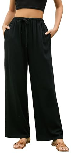 Stamain Black Linen Trousers for Women Wide Leg Summer Beach Pants Ladies Baggy Elastic Waist Drawstring Trousers with Pockets 3XL