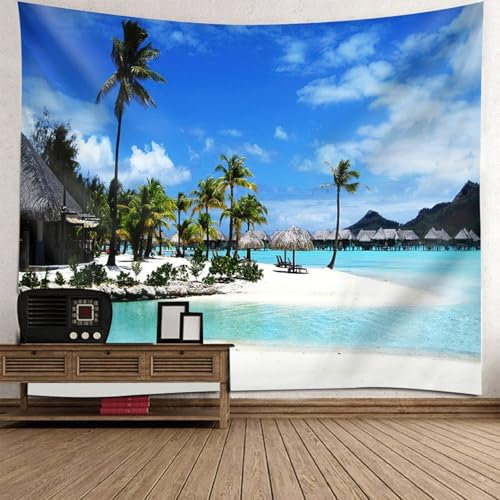 Lirzxin Wandteppich, Tapisserie Wandbehang Blau Grün Grau Meer Holzhaus Palmen Landschaft Tapestry Wandtuch Wandbehang Strandtuch Dekotuch, 200x200CM