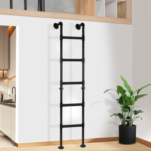 Yowikuw 5-Sprossen Wandleiter aus schwarzem Metall, 170 cm/5.6FT, bis 150 kg belastbar, Wand- und Bodenmontage, Robuste Ausstiegsleiter für Etagenbett, Loft, Dachboden, und Kellerfensterschacht