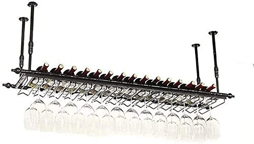 LYXSDMN Portabottiglie sospeso con portabicchieri e ripiano, espositore Creativo sospeso, portabicchieri da Bar, portabottiglie, portabicchieri da Bar sospeso, ripiano in Ferro Capovolto, Nero, 120