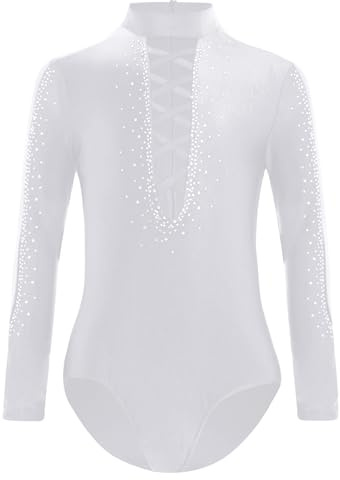 Kaerm Camicia Body Ballo Latino Americano Bambini e Ragazzi Body Danza Classica Ginnastica Ritmica con Strass Balletto Leotards Costume da Danza Samba Rumba Salsa Bianco 9-10 anni