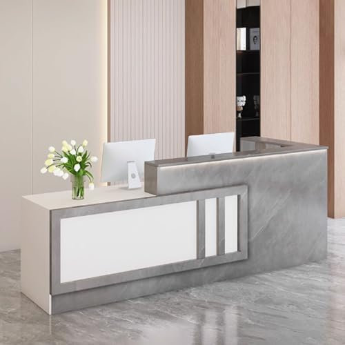 GUQASDV Empfangstheke Rezeption, Empfangstresen für Praxis, Reception Desk Salon, Reception Table mit Sanfter Beleuchtung for Geschäfte, Restaurants(Gray Texture+White,L)