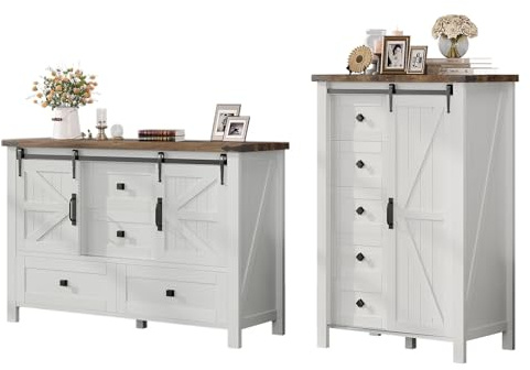 AMERLIFE 2PCS Farmhouse Dresser Set with Sliding Barn Doors, Bedroom Sets Include 47'' Dresser with 4 Drawers, 5-Drawer Tall Dresser, Distressed White