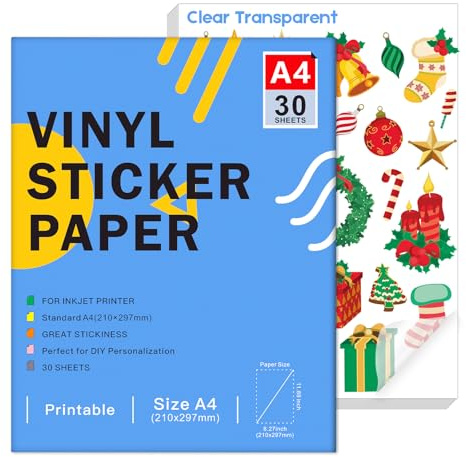 Ruibytree Papier Vinyle Autocollant Transparent A4 Jet d'Encre, 30 Feuilles