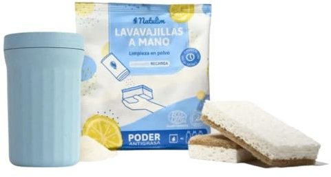 Natulim Pack Lavastoviglie a mano - Efficace nell'eliminazione di grasso e residui di cibo - Contiene dispenser riutilizzabile, 2 spugne e bustina di detersivo in polvere per lavastoviglie da 250 g.
