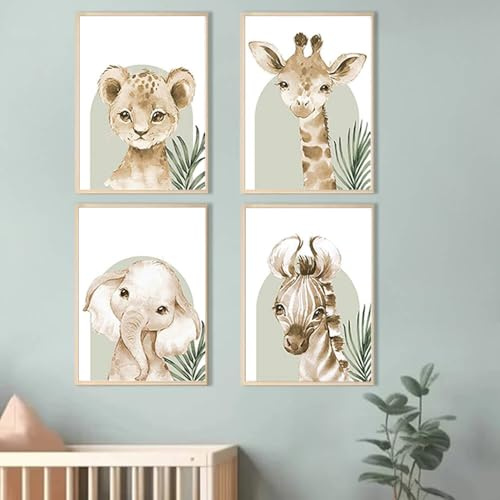 BeiYiHo 4 Grüne Bilder Kinderzimmer Jungen Dschungel Poster Tiere im Wald Löwe Giraffe Elefant Zebra Bild Babyzimmer Beige Grün Poster Safari Kinderzimmer Wandbilder Deko Waldtiere Leinwand 21x30cm