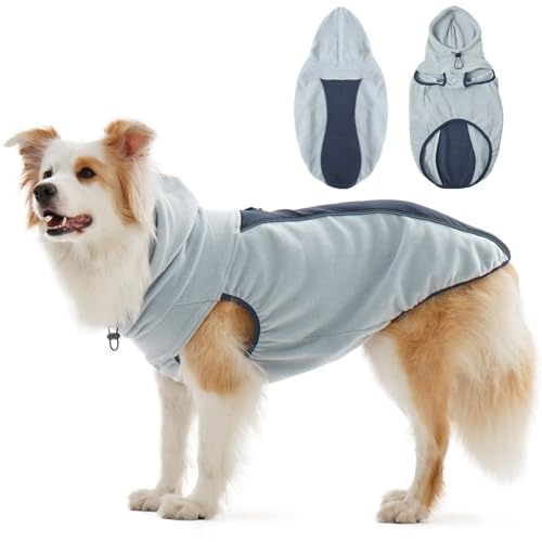 IECOii Hundefleecejacke Herbst/Winter,XXL dünne warme Mäntel, Jacken für Hunde,winddichter Wintermantel für kaltes Wetter, reflektierende Haustierjacke mit Kapuze,Fleecemantel mit Leinenloch, Blau,2XL