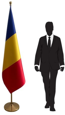 Bandera de Rumania interior con mástil y base de pie – Presentación elegante para instituciones, oficinas, escuelas, embajadas. Código CN7-RO